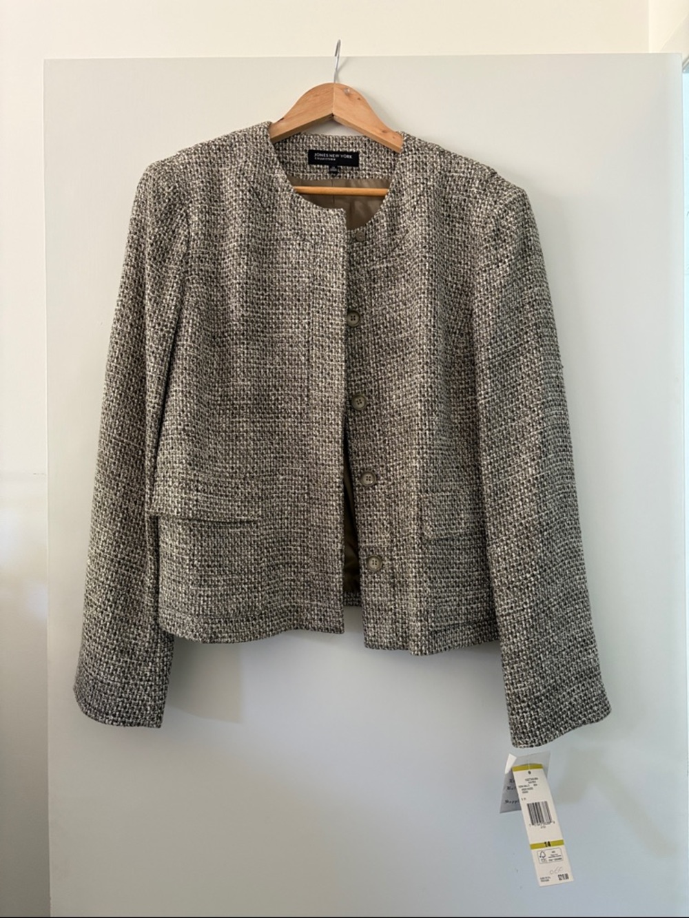 Jones New York Gray Tweed Collarless Blazer